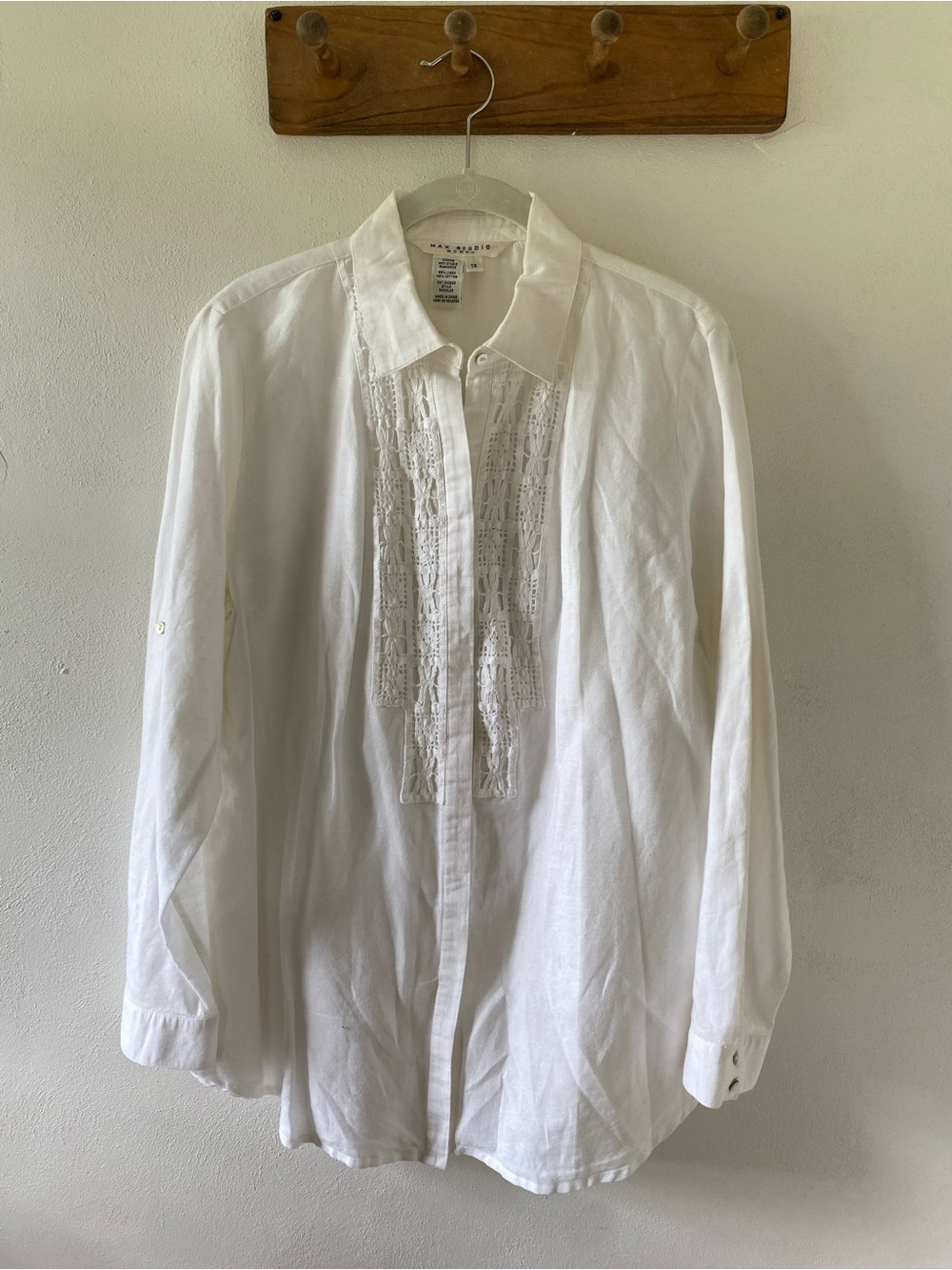 Max Studio White Linen-Blend Button-Down Shirt with Lace Placket, 1X